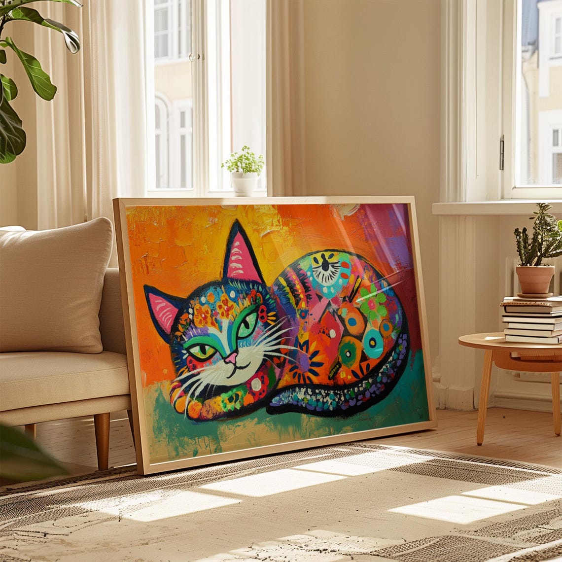 Curled Up Sleeping Cat Rainbow Patterned Fur Cozy Warm Poster - Image 4