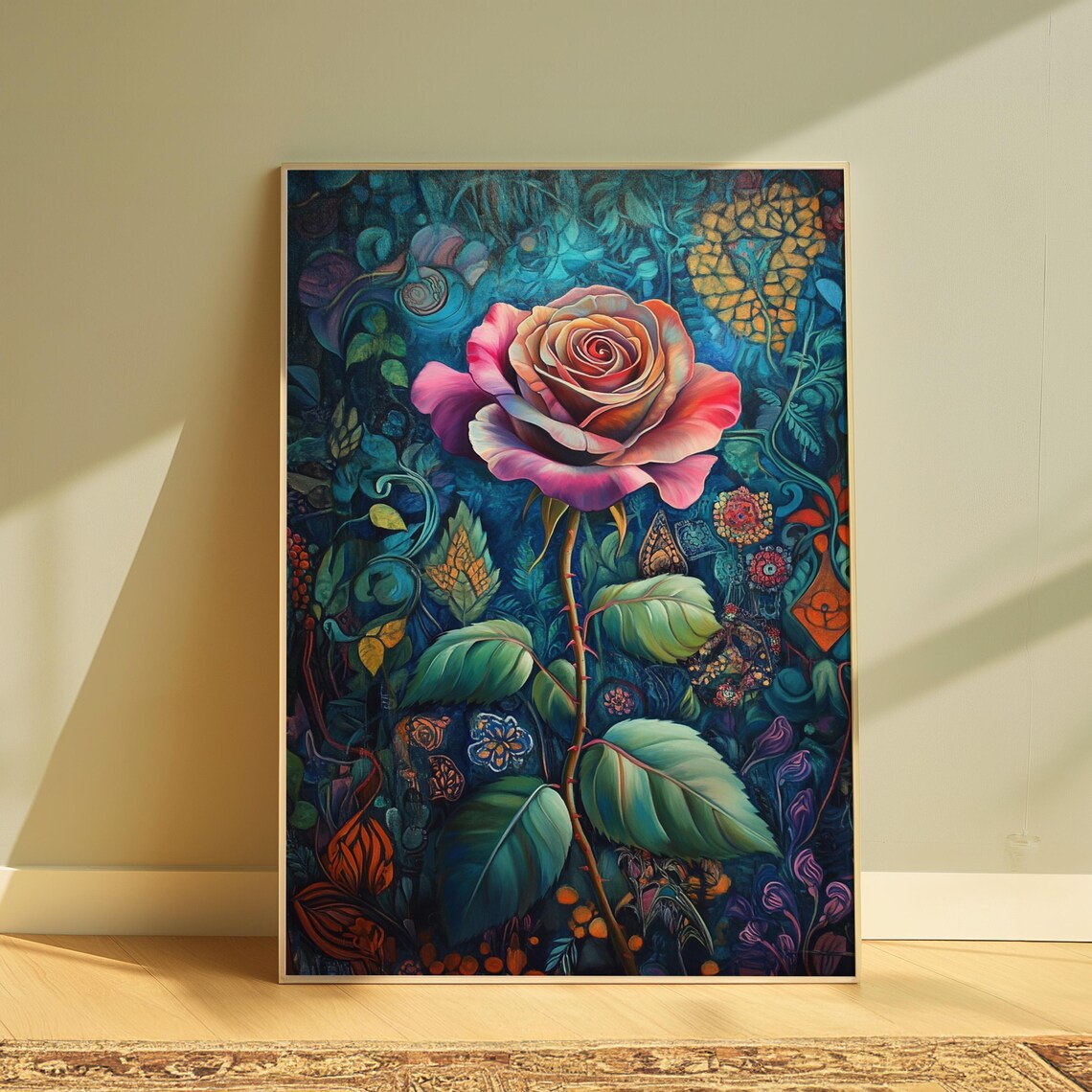Blush Pink Rose Teal Ornamental Garden Floral Painting Poster