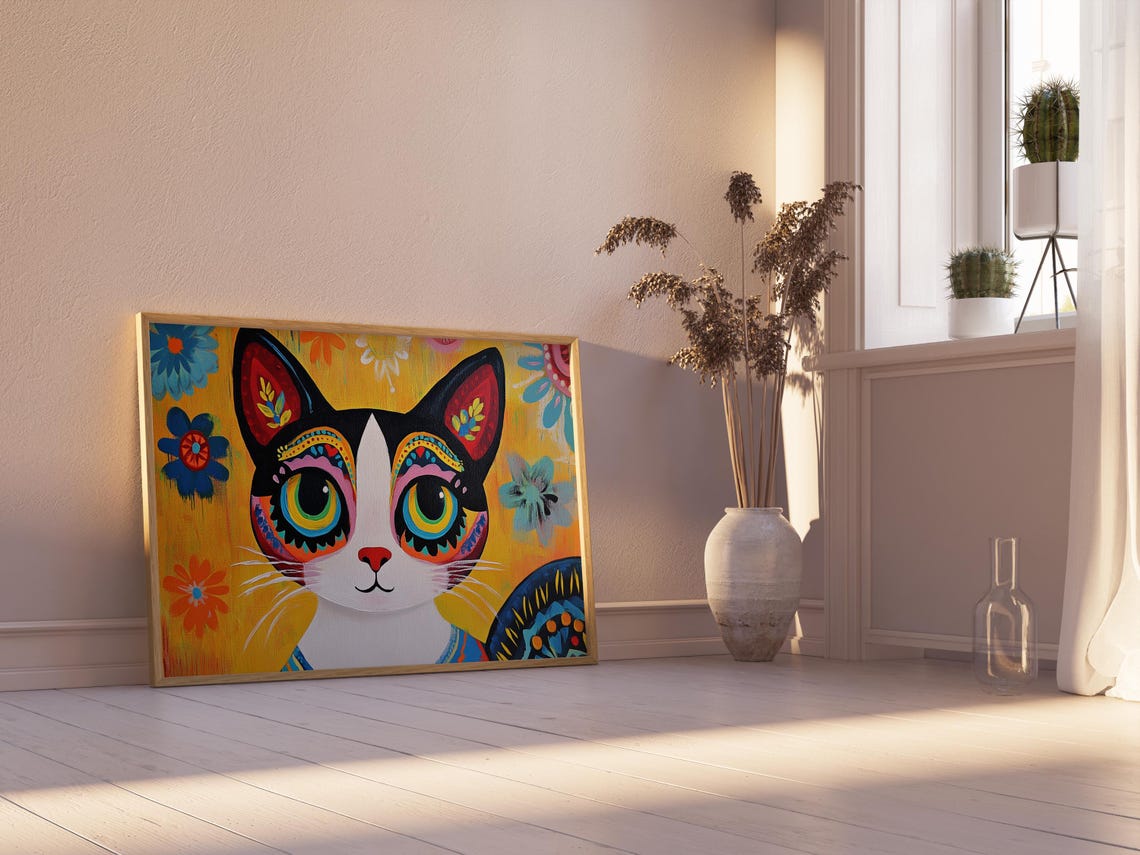 Cartoon Tuxedo Cat Big Rainbow Eyes Yellow Floral Whimsical Poster - Image 2