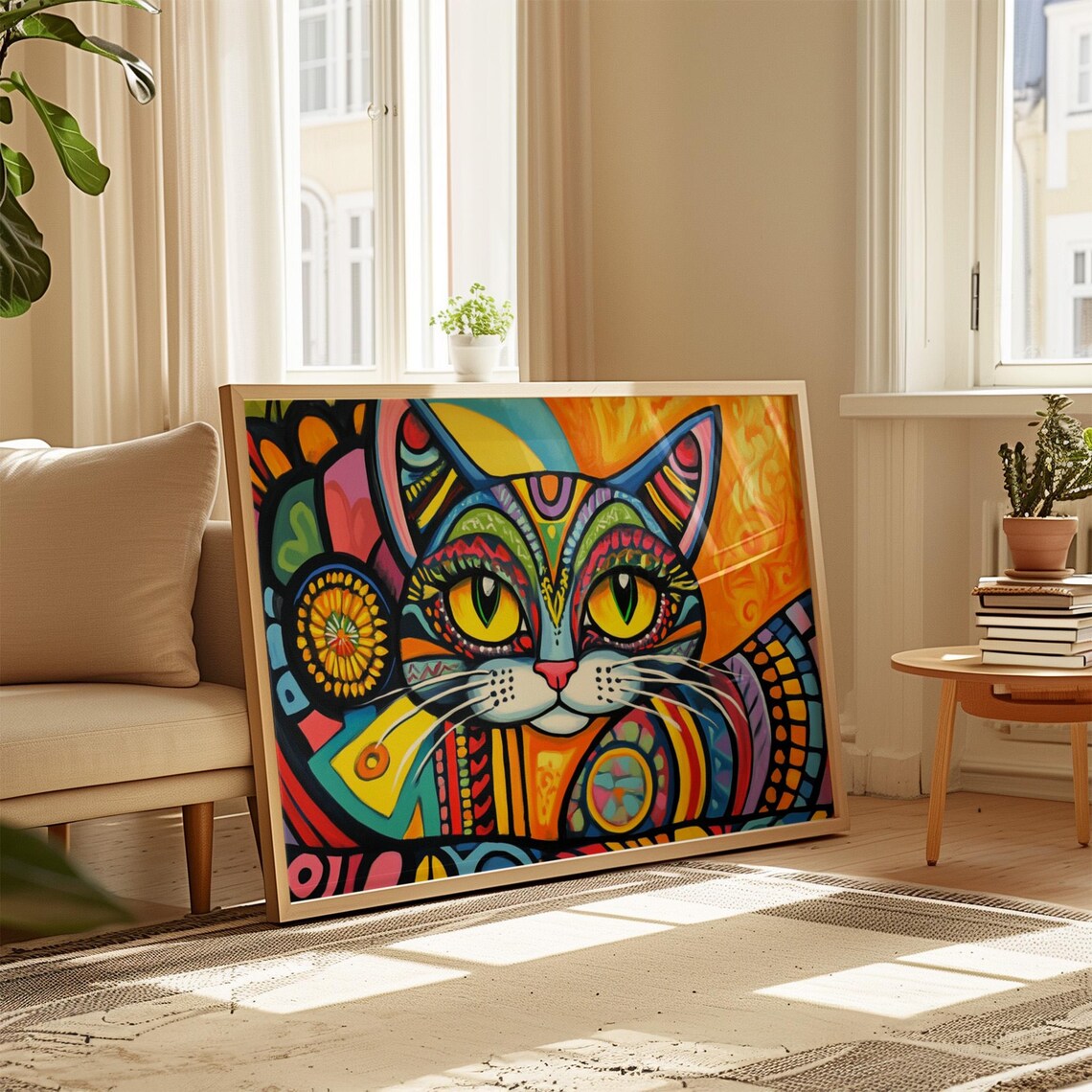 Stained Glass Mosaic Style Cat Face Geometric Sunset Art Colorful Poster - Image 4