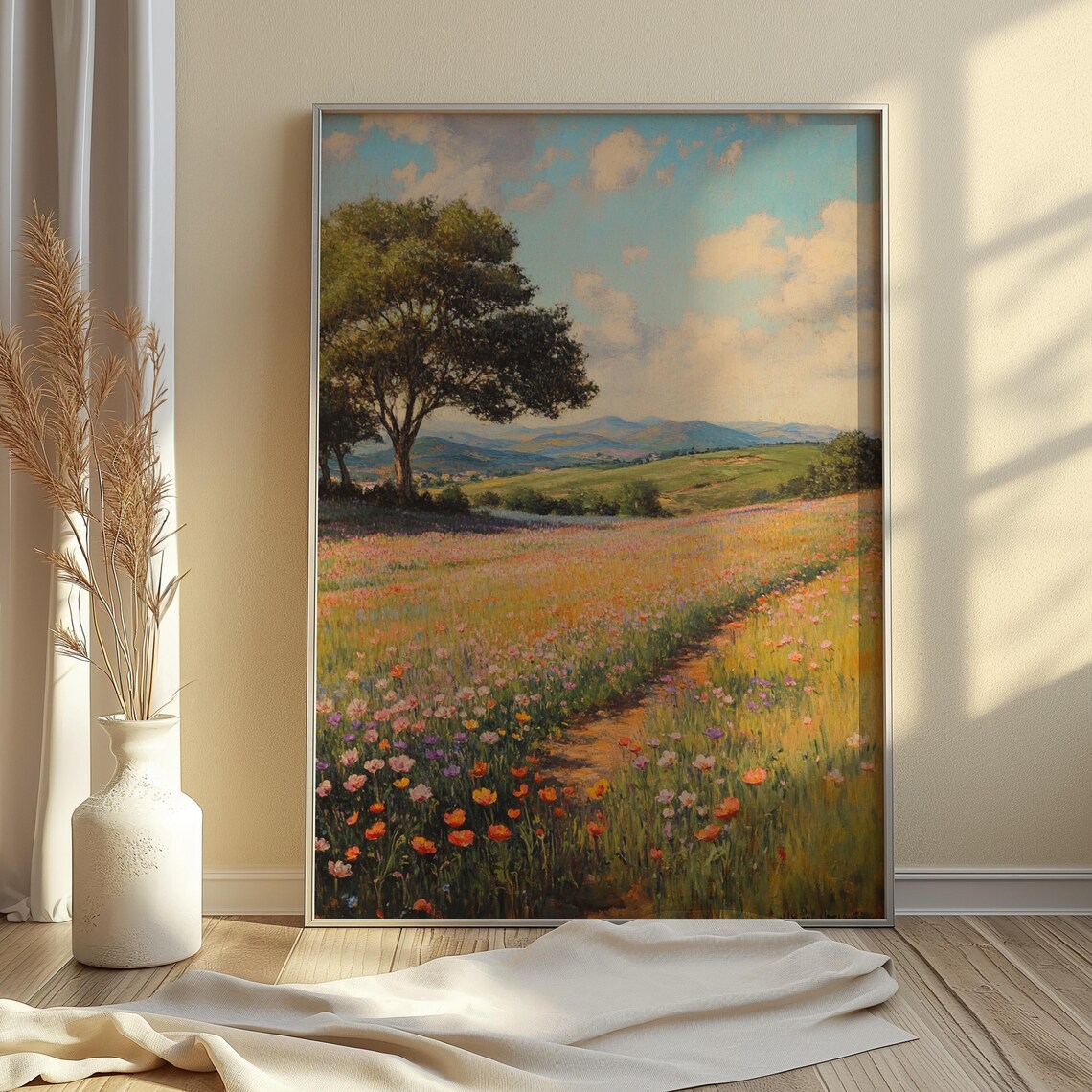 Wildflower Meadow Winding Path Big Tree Rolling Hills Pastel Art Poster - Image 2