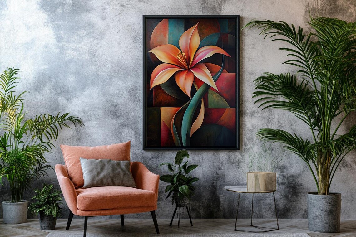 Glowing Orange Lily Bloom Stained Glass Style Floral Wall Art - Image 2