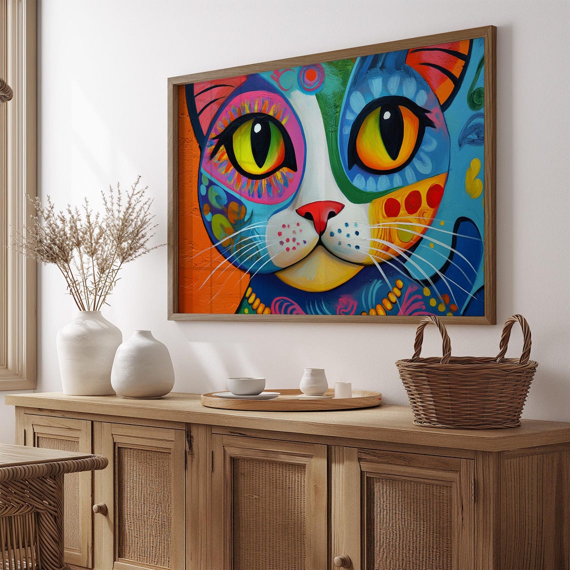 Whimsical Cat Huge Yellow Green Eyes Pink Blue Split Pattern Poster