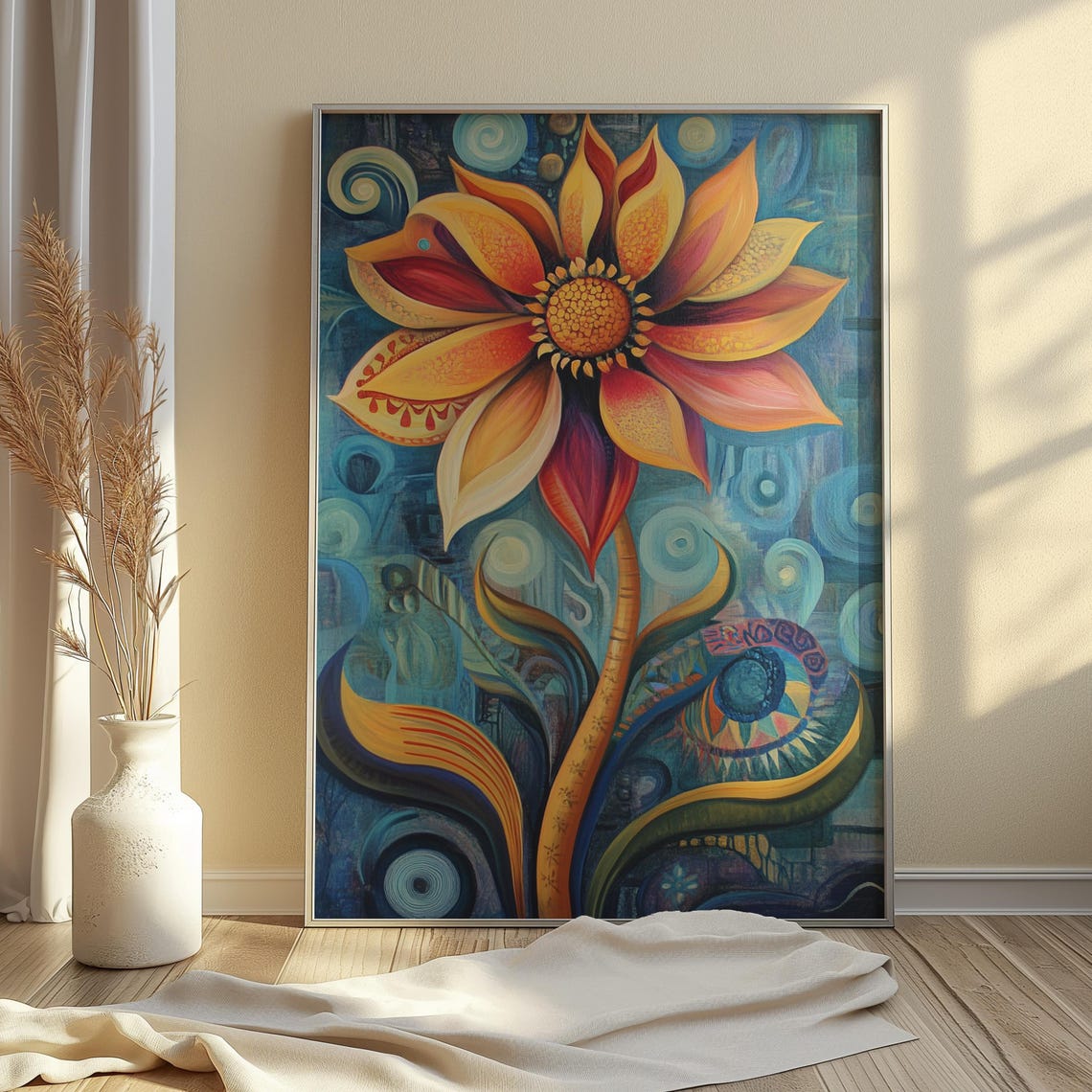 Golden Sunflower Bloom Swirling Teal Folk Background Floral Art Poster - Image 4