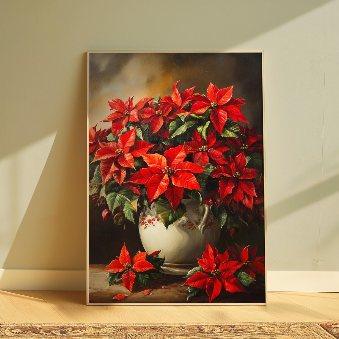 Red Poinsettia White Floral Pitcher Jug Christmas Still Life Poster