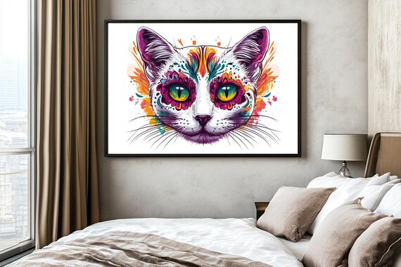 Sugar Skull Cat Colorful Day of the Dead Floral Face Art Poster