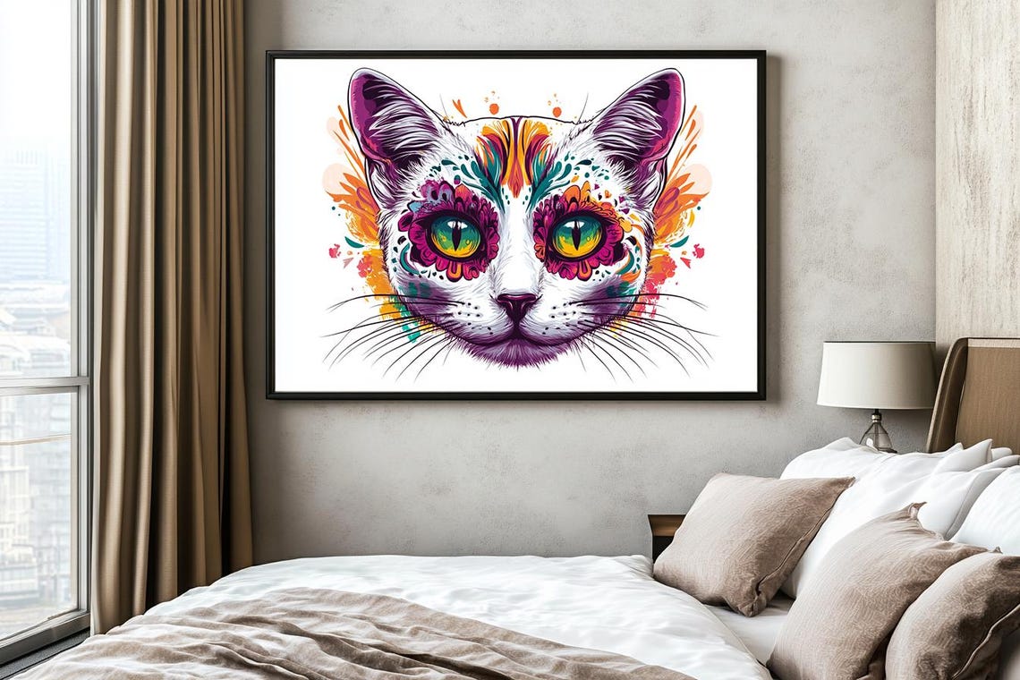 Sugar Skull Cat Colorful Day of the Dead Floral Face Art Poster