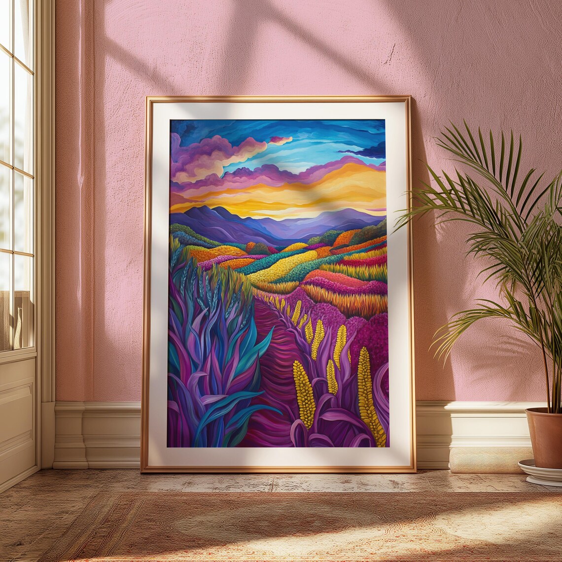 Purple Corn Field Sunset Golden Ears Rainbow Crop Rows Colorful Landscape Poster - Image 2