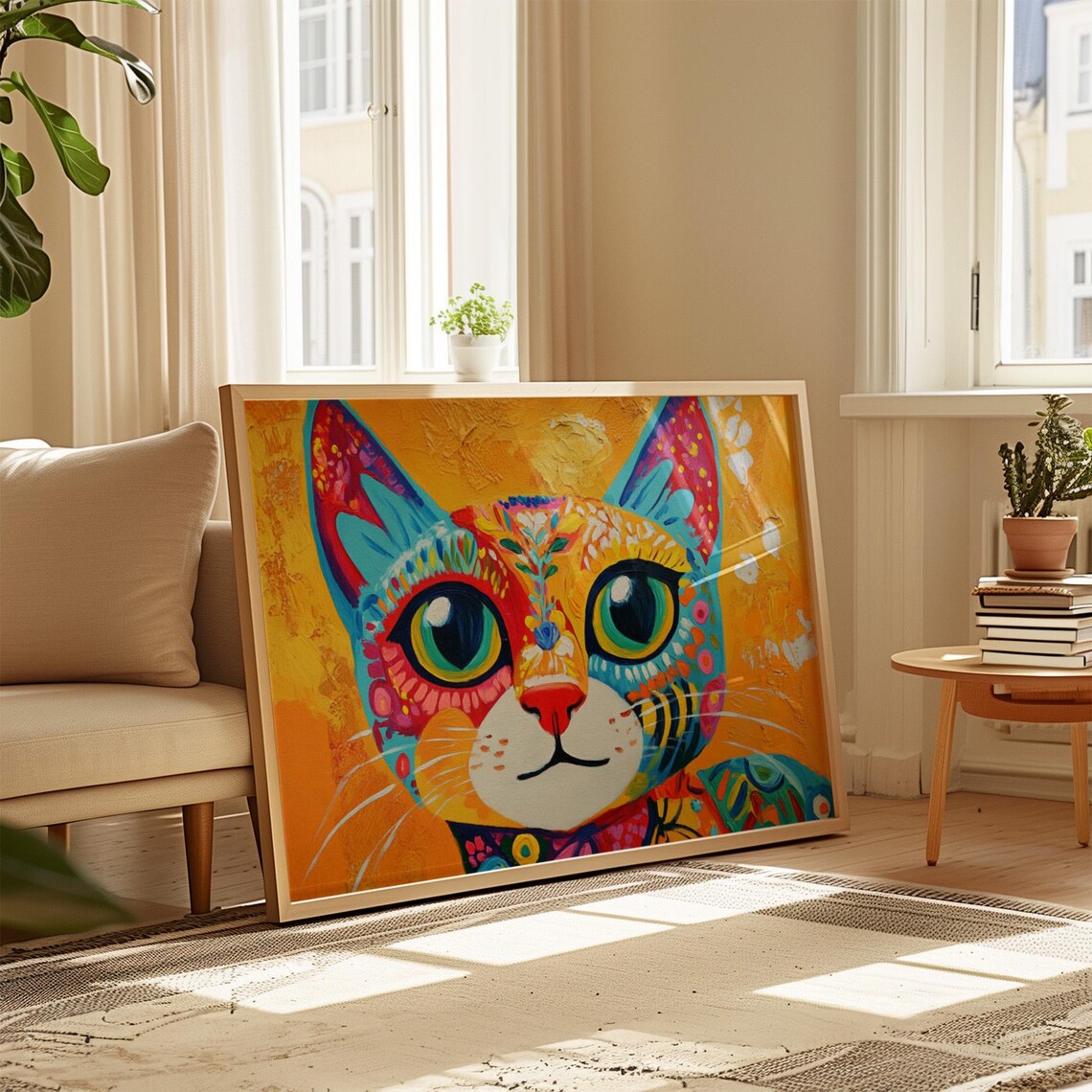 Happy Cat Face Big Round Eyes Vivid Sunny Patterns Golden Poster - Image 4