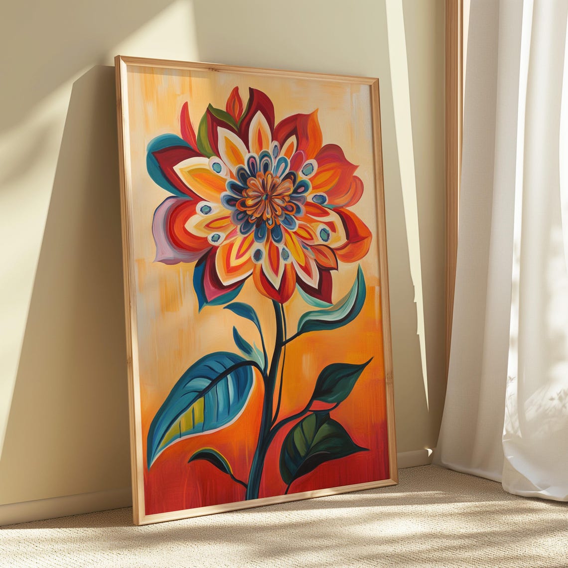 Layered Folk Flower Peacock Eye Center Gold Background Art Poster - Image 5