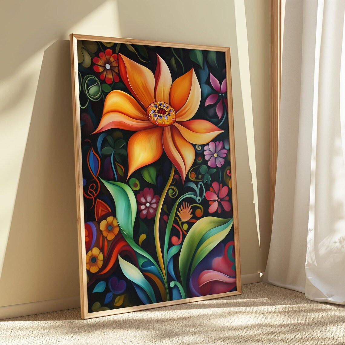 Giant Orange Star Bloom Night Garden Teal Enchanted Floral Poster - Image 5