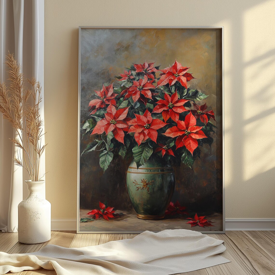 Red Poinsettia Celadon Green Vase Gold Motif Christmas Poster Print - Image 3
