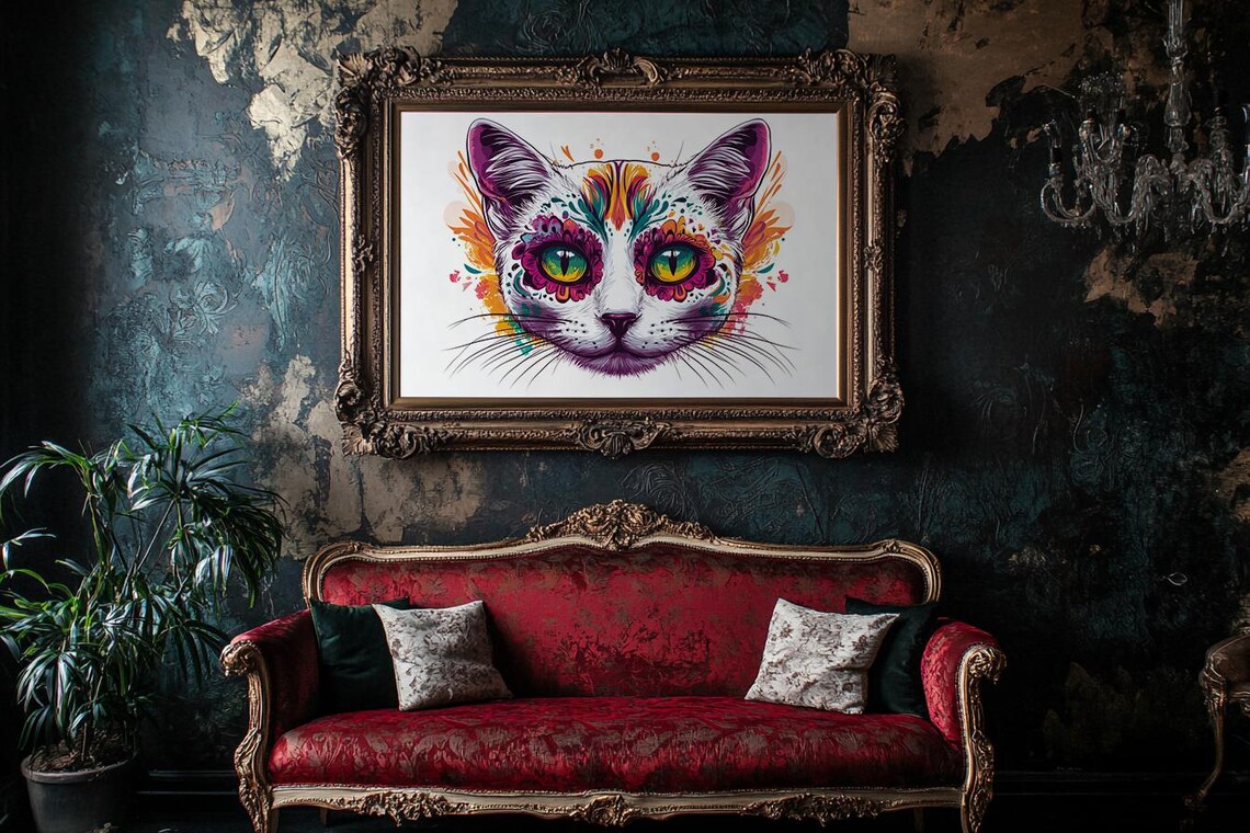 Sugar Skull Cat Colorful Day of the Dead Floral Face Art Poster - Image 2