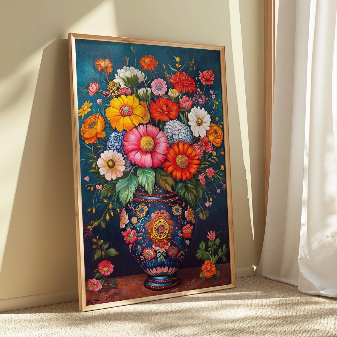 Multicolor Zinnia Garden Bouquet Ornate Blue Mexican Vase Teal Poster - Image 5