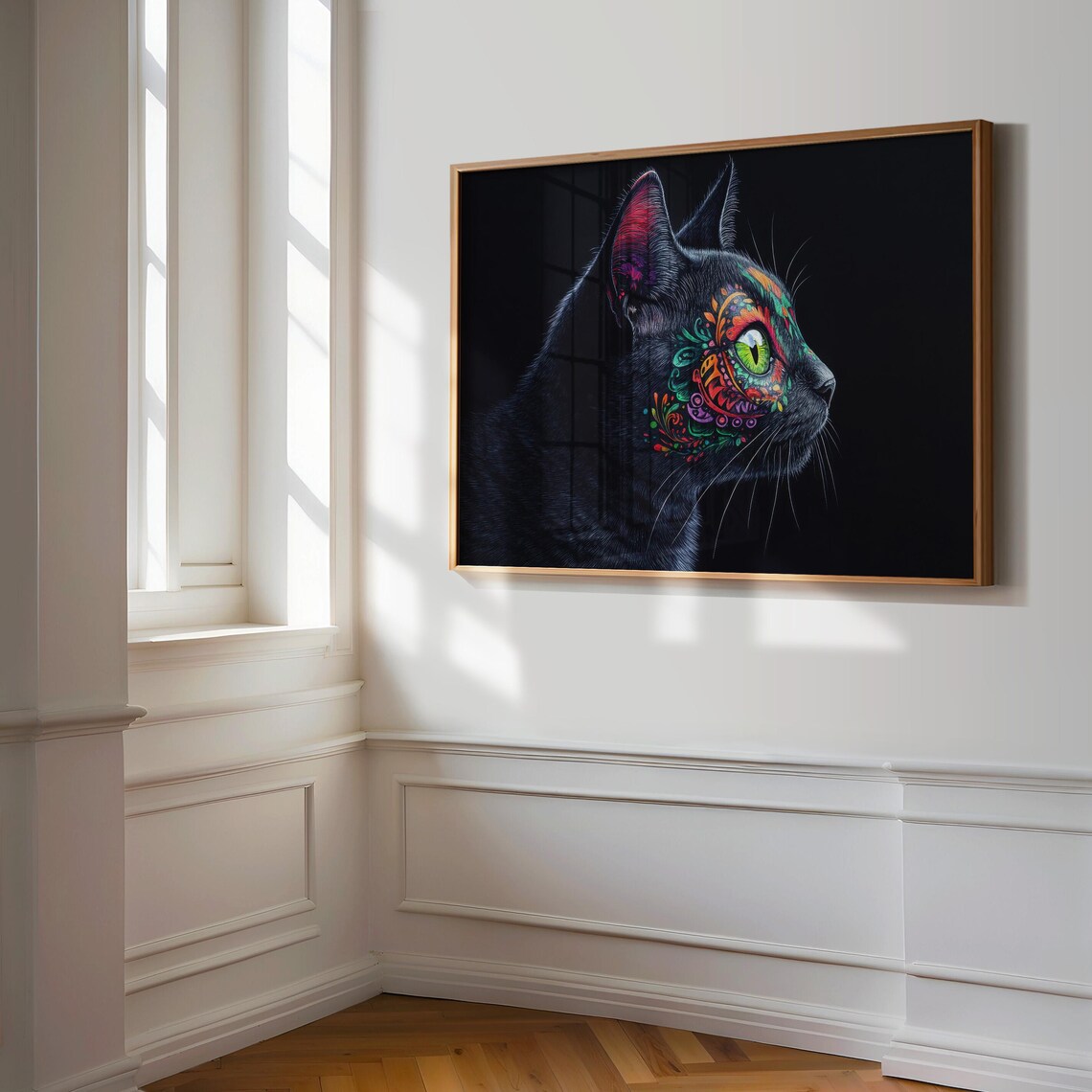 Black Cat Profile Green Eye Alebrije Patterns Mexican Folk Art Wall Poster - Image 3