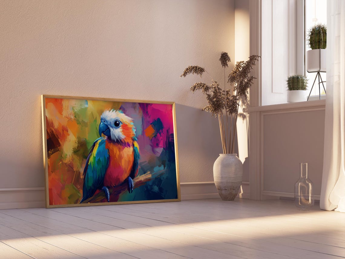 Rainbow Parrot White Crest Abstract Color Burst Wall Art Print - Image 2