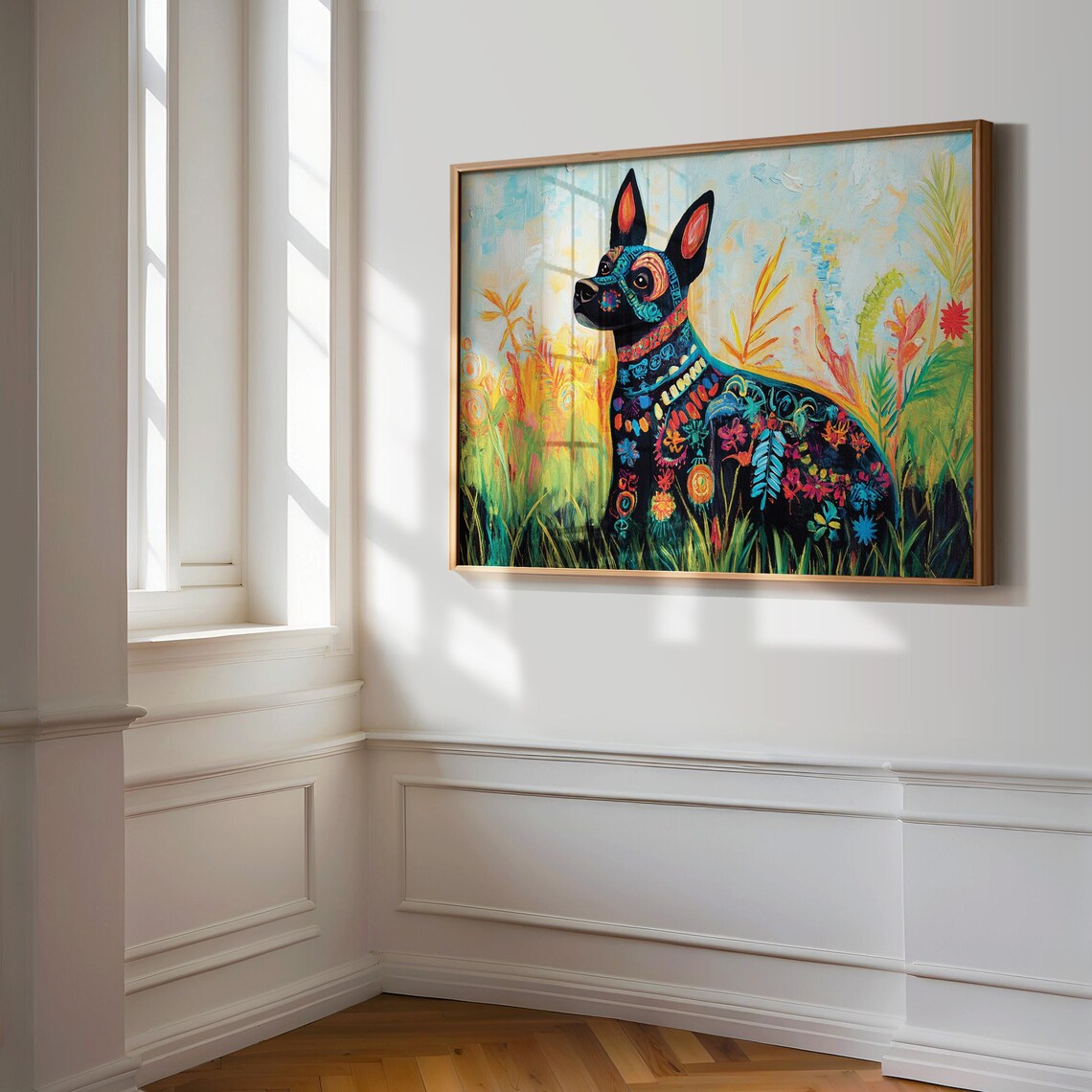 Decorated Dog Sitting in Flower Garden Alebrije Floral Folk Art Poster - Image 3