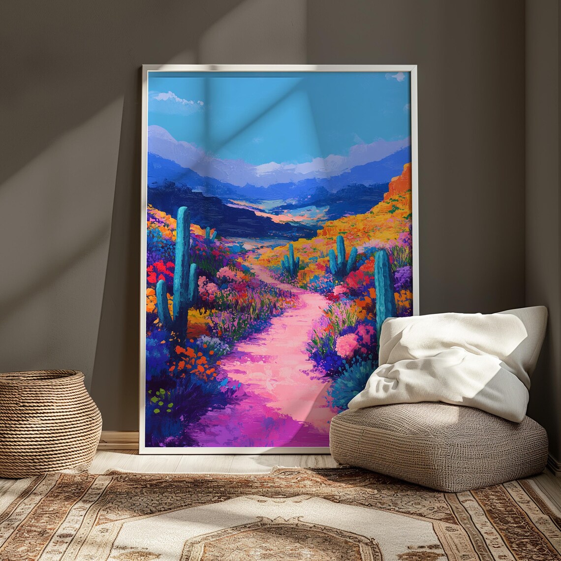 Pink Desert Trail Teal Cacti Wildflower Bloom Golden Hills Mountain Vista Poster - Image 3