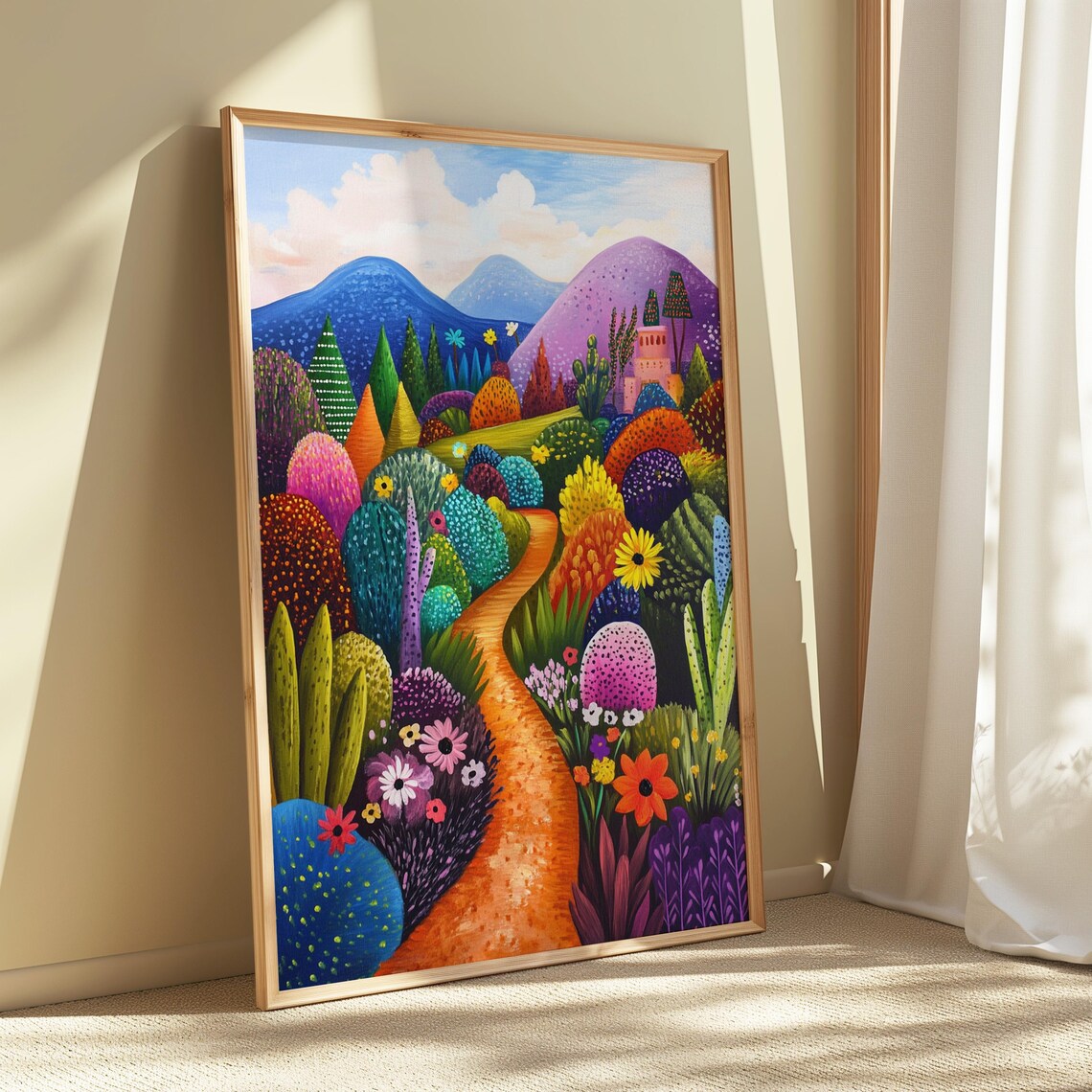 Colorful Folk Art Cactus Garden Path Pink Church Whimsical Print - Image 5