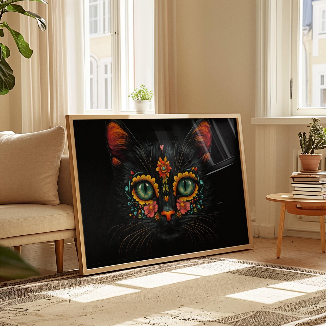 Black Cat Floral Face Marigold Bloom Green Eyes Day of Dead Wall Art - Image 4
