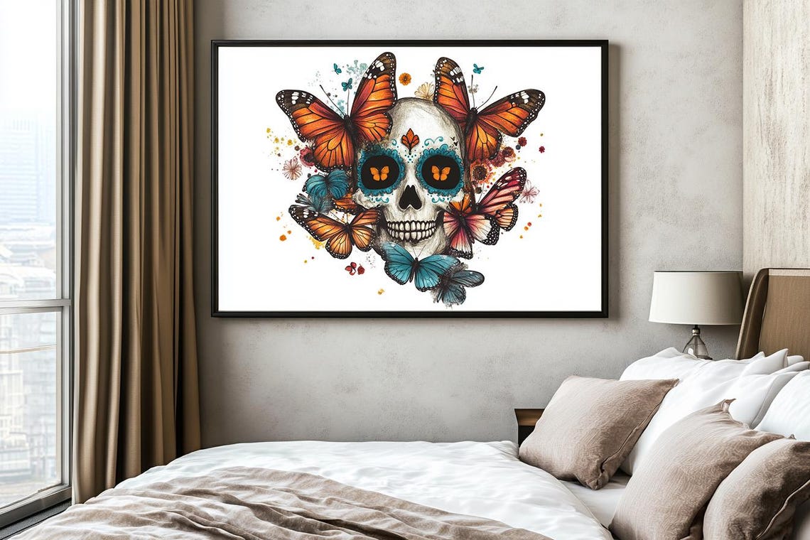 Day Of The Dead Skull Surrounded By Monarch Butterflies Poster - Image 2