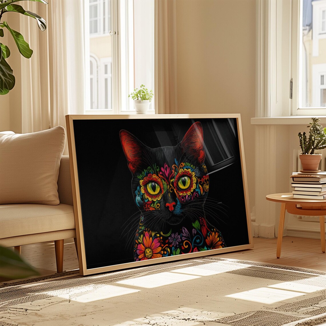 Day of the Dead Black Cat Bust Colorful Floral Chest Detail Wall Art - Image 4
