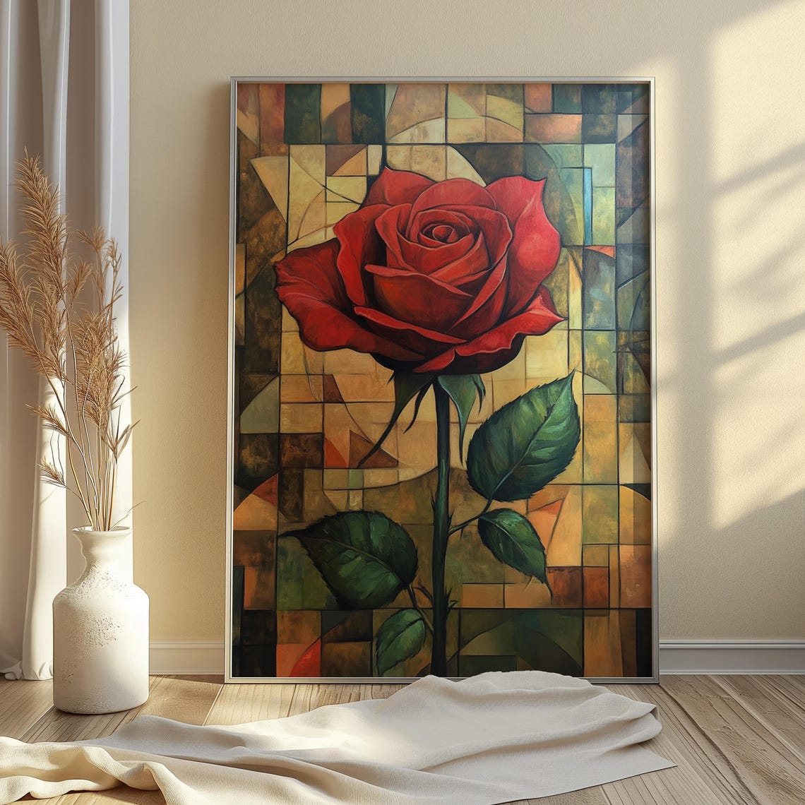 Romantic Red Rose Stained Glass Amber Mosaic Background Floral Poster - Image 4