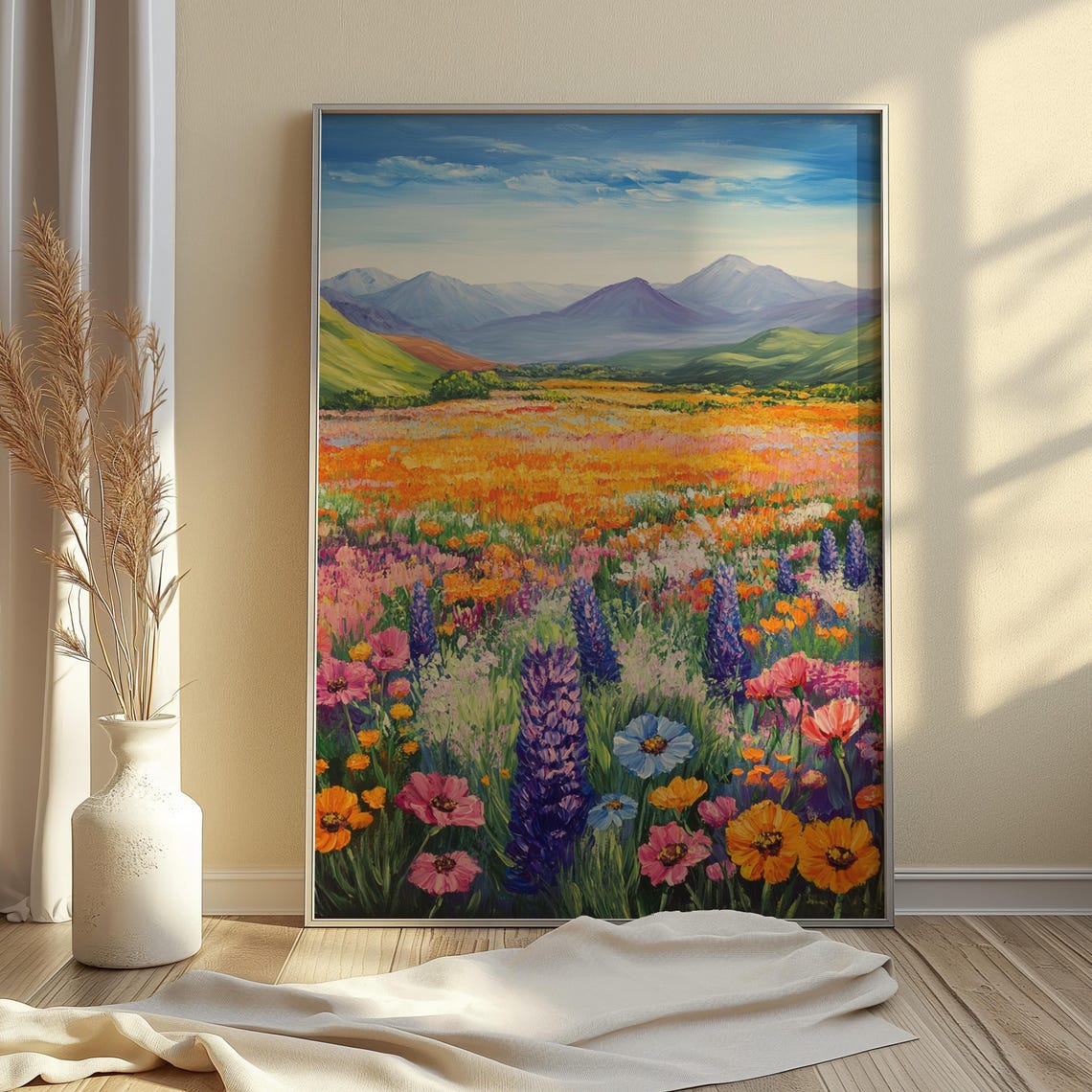 Sunny Wildflower Meadow Blue Flowers Mountain Landscape Art Print - Image 4