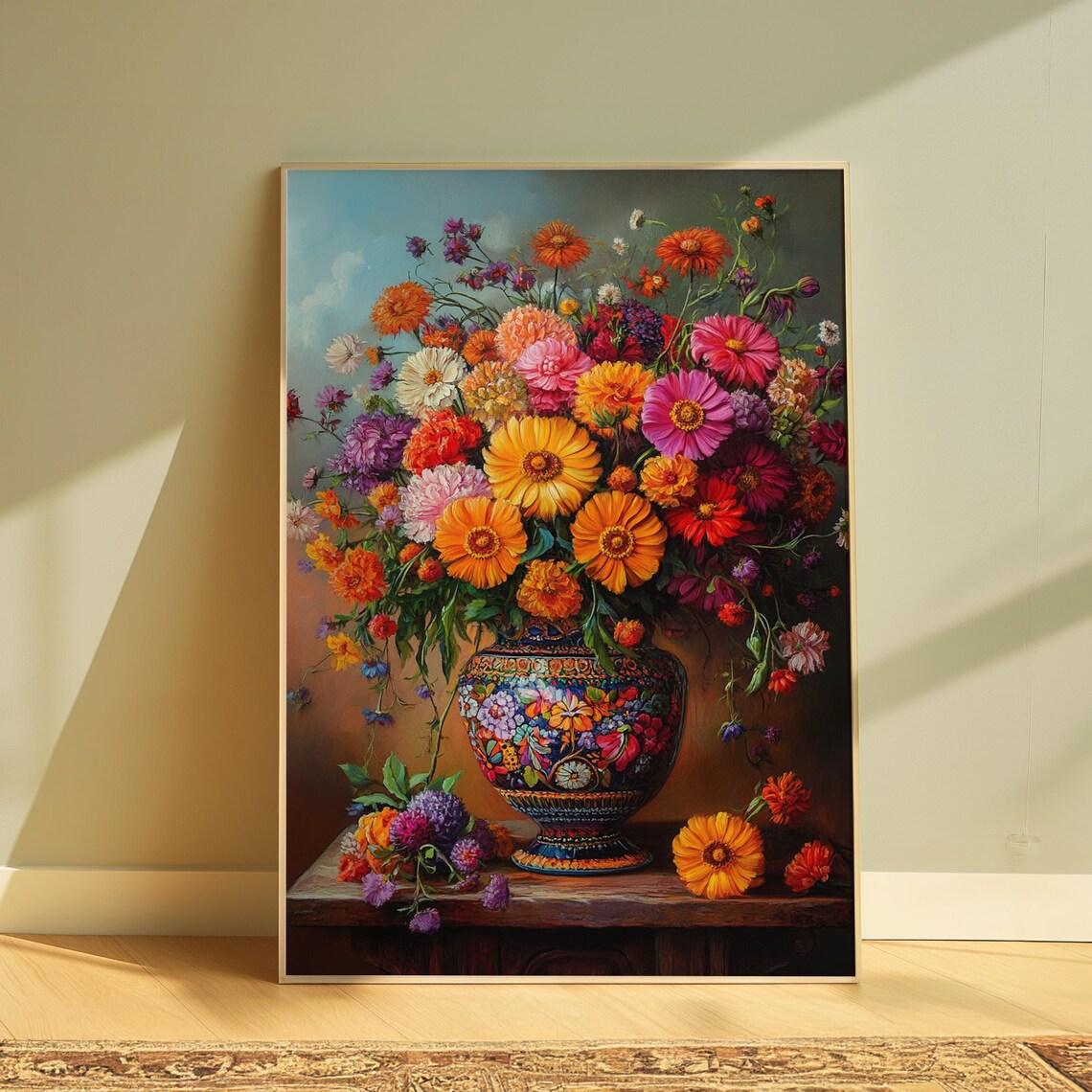 Mexican Folk Art Colorful Wildflower Bouquet In Ornate Vase Wall Print