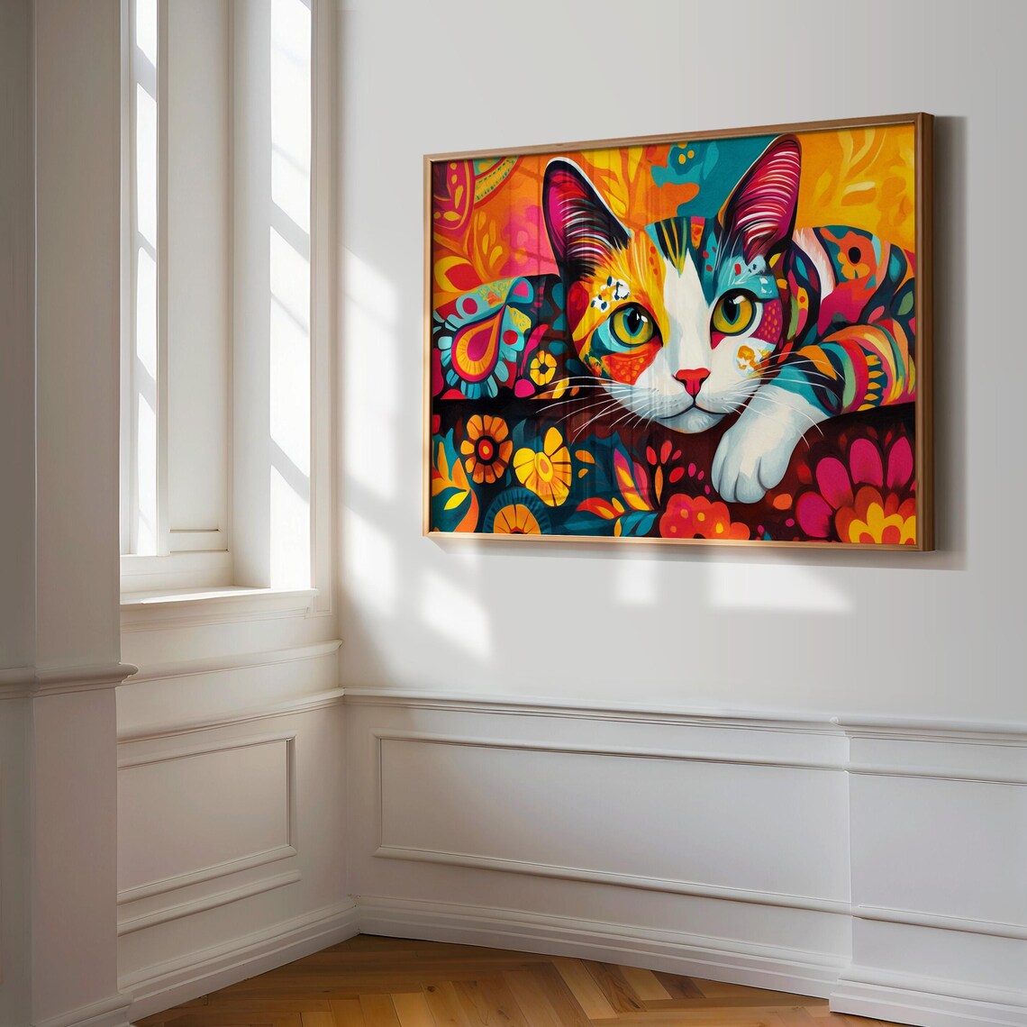 Calico Cat Reaching Paw Forward Dark Floral Orange Background Poster - Image 3