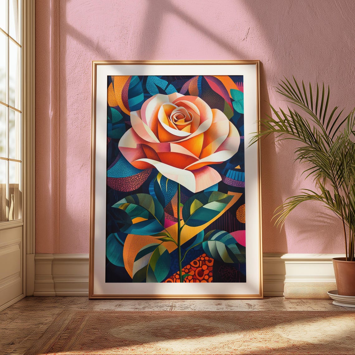 Peach Rose Faceted Petals Dark Abstract Background Floral Poster - Image 2