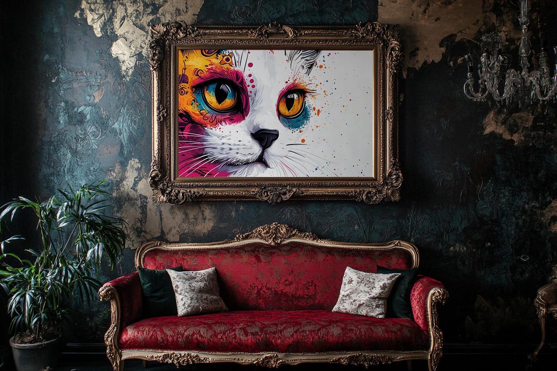 Dramatic Close Up Amber Eyed Cat With Colorful Paint Splash Poster - Image 2