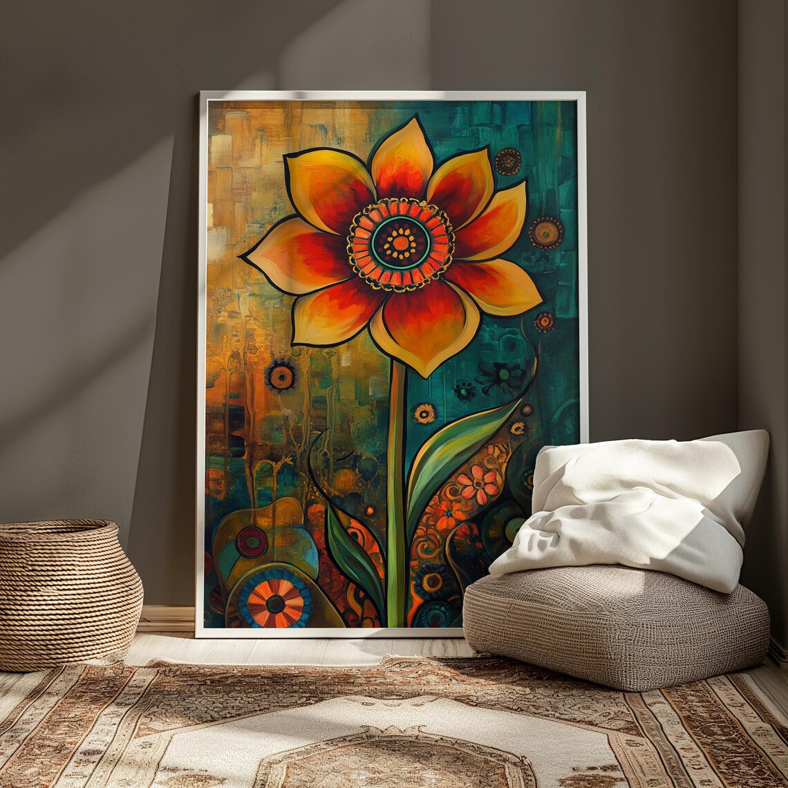 Orange Folk Flower Beaded Center Gold Teal Floral Art Poster - Image 3