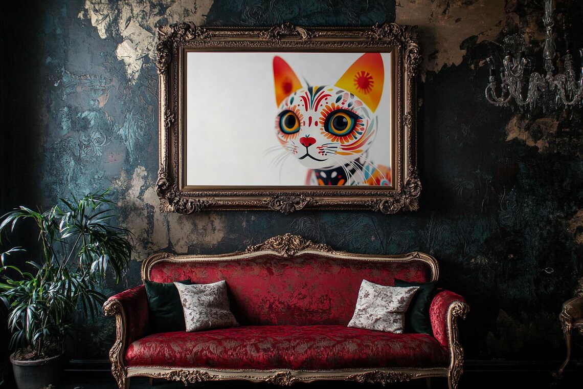 Sugar Skull Cat Orange White Day of the Dead Folk Art Face Poster