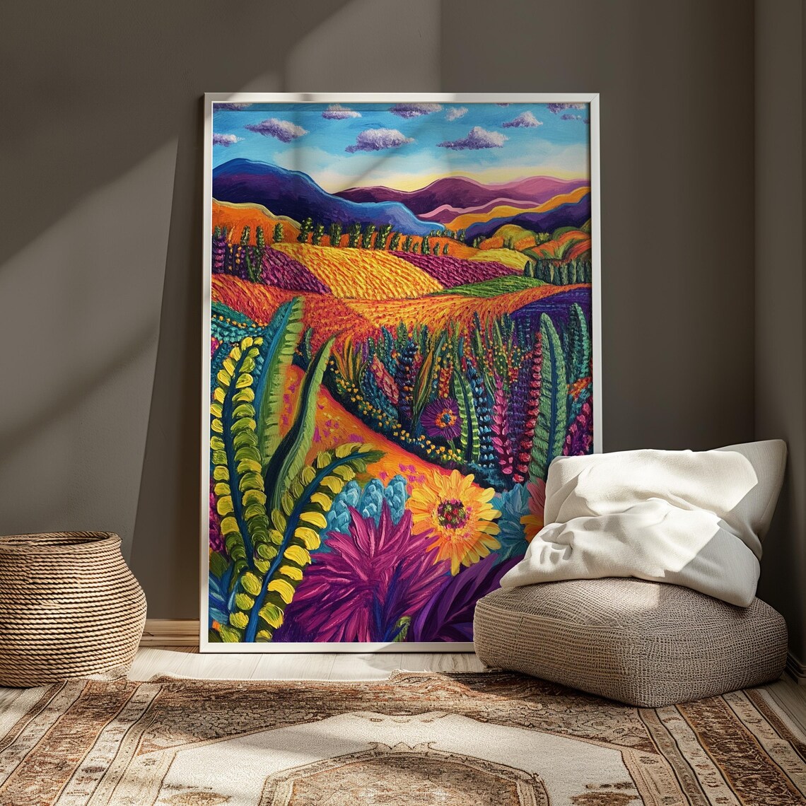 Vibrant Wildflower Meadow Purple Mountains Rolling Hills Folk Art Landscape Poster - Image 3