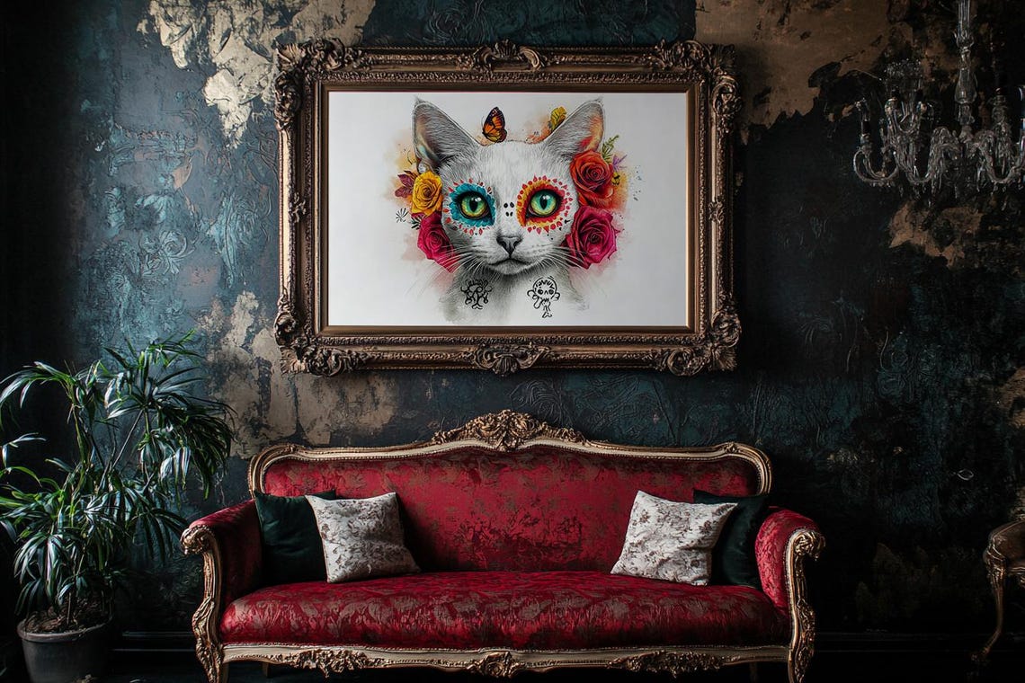 Romantic White Cat With Red Roses And Sugar Skull Eyes Poster - Image 2