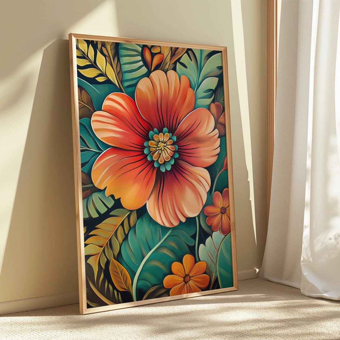 Coral Orange Hibiscus Bloom Teal Tropical Leaves Floral Poster - Image 5