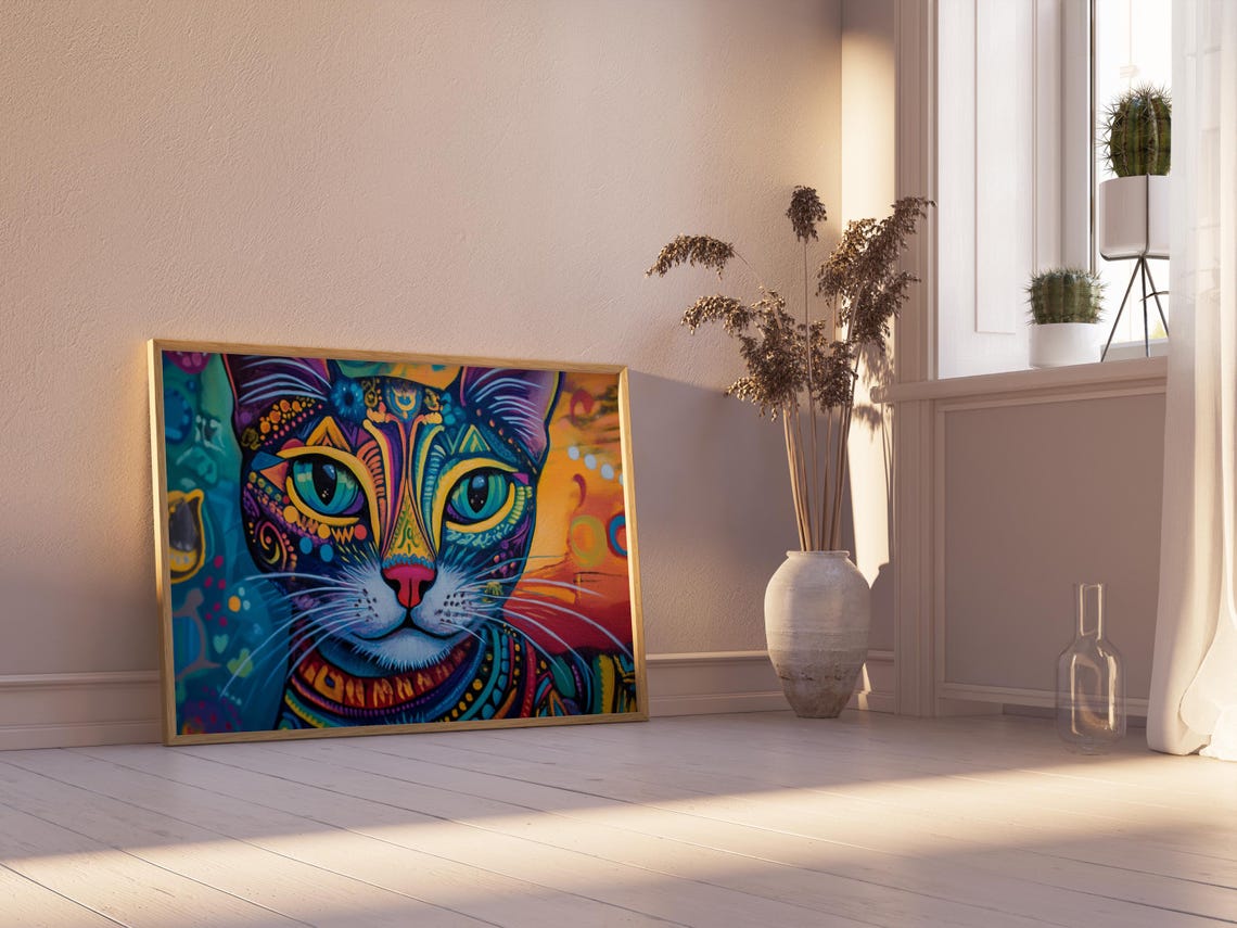 Psychedelic Cat Face Turquoise Eyes Vibrant Tribal Pattern Art Poster - Image 2