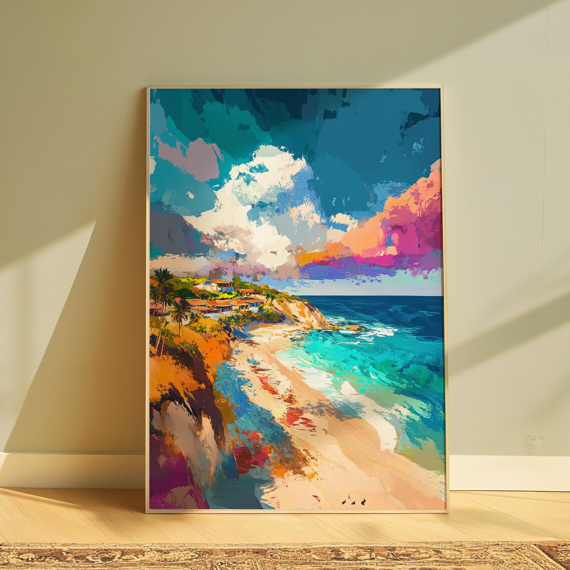 Cliffside Beach Town Turquoise Ocean Sunset Colorful Art Print