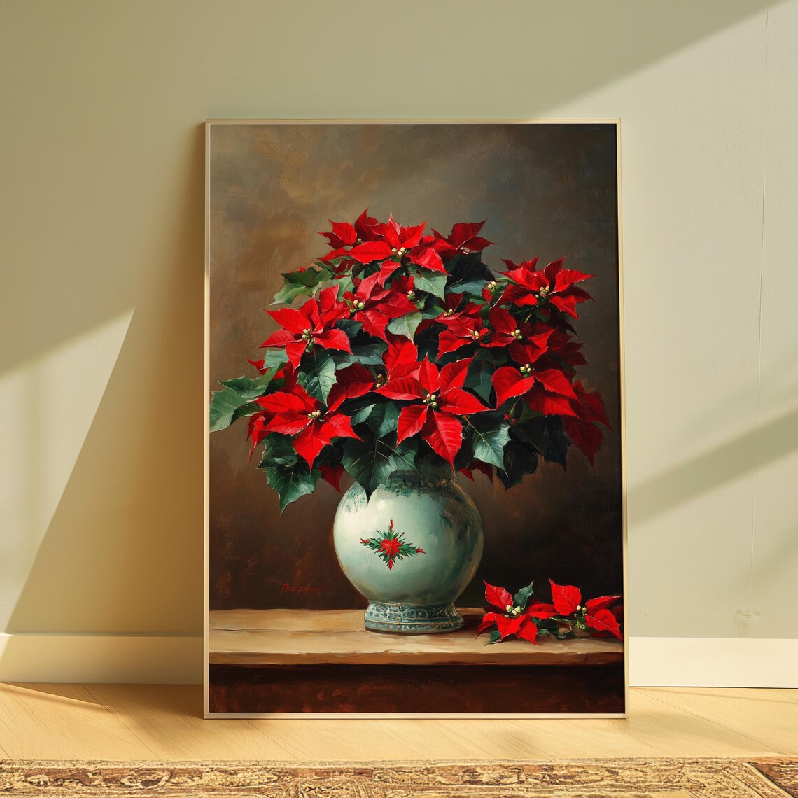 Red Poinsettia Celadon Vase Red Motif Christmas Still Life Poster