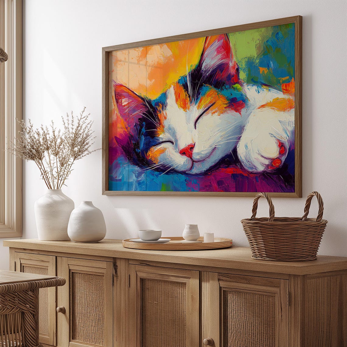 Sleeping Calico Kitten Curled Up Rainbow Brushstrokes Dreamy Poster