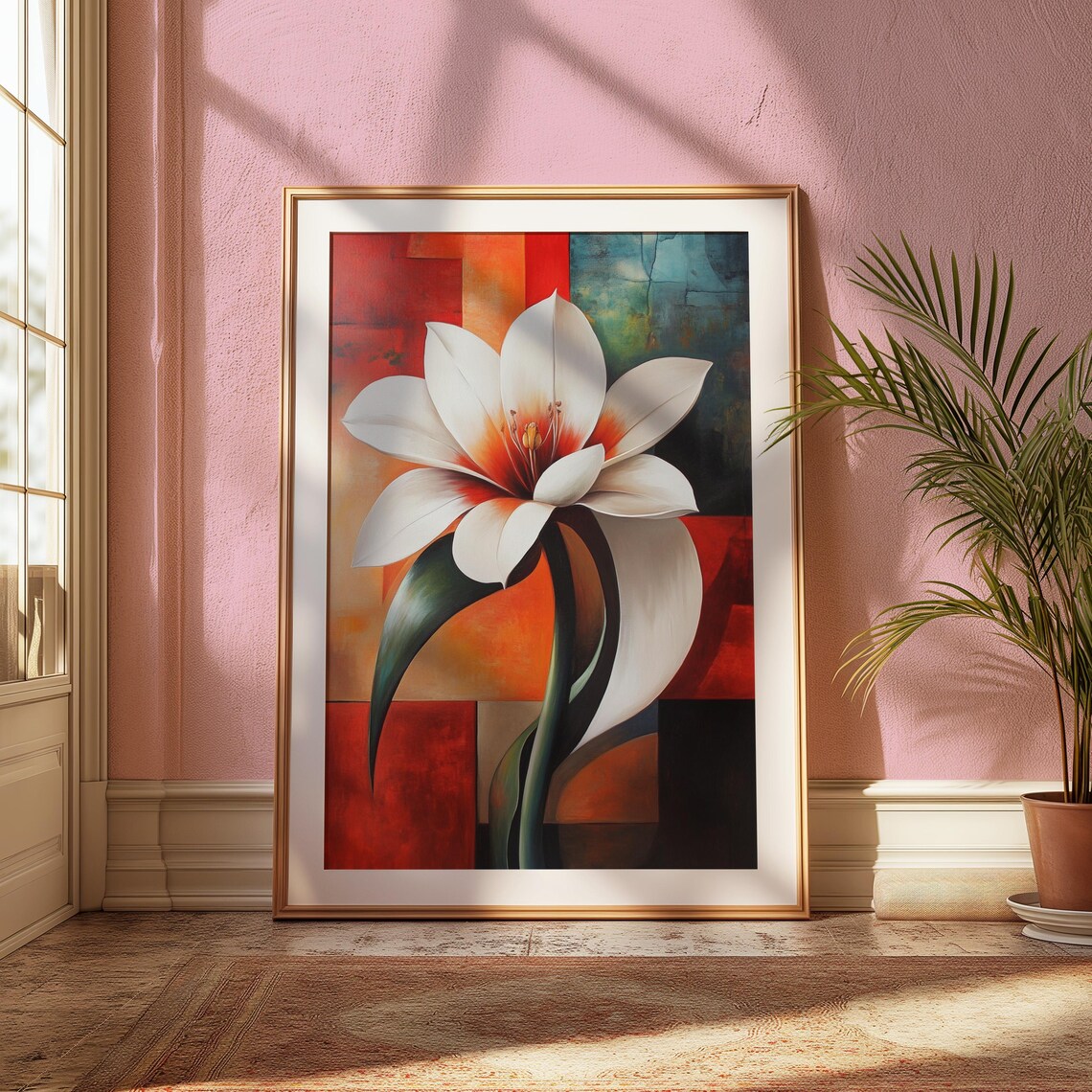 White Lily Color Block Red Teal Background Elegant Floral Art Poster - Image 2