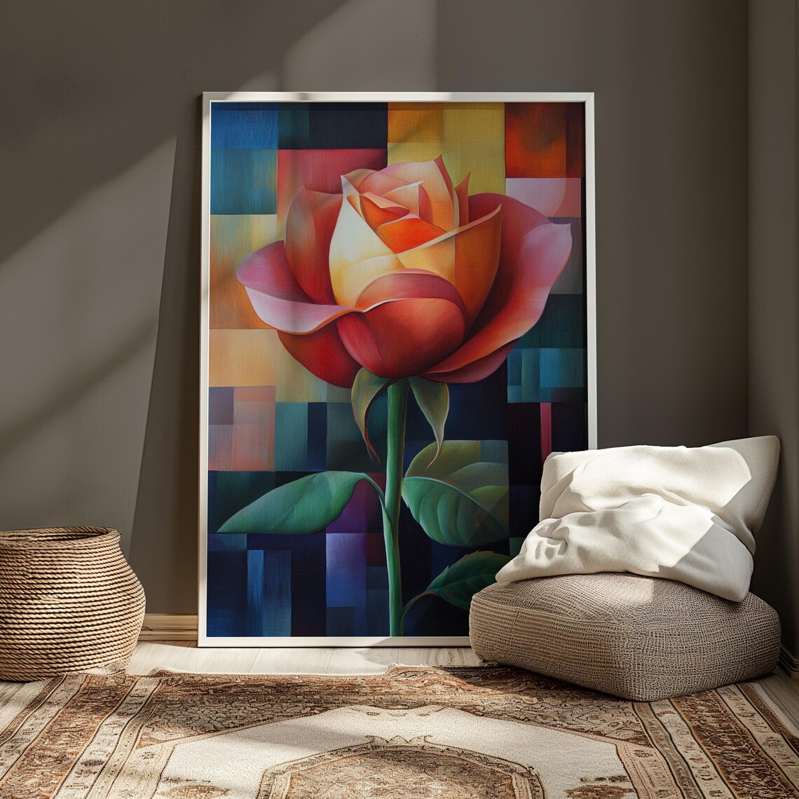 Red Orange Rose Cubist Color Block Modern Garden Floral Poster - Image 3