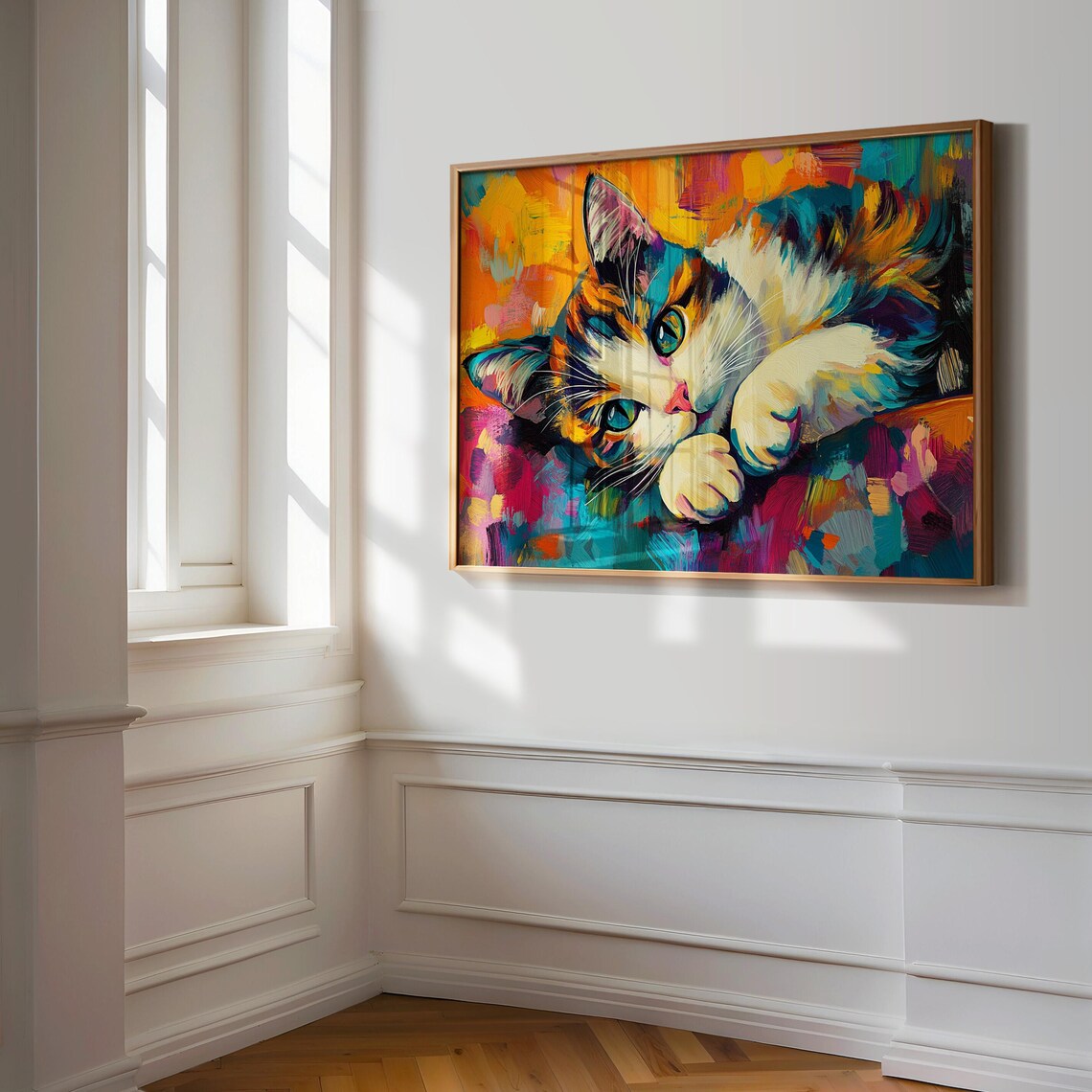 Calico Cat Resting Head on Paws Teal Eyes Abstract Colorful Art Poster - Image 3