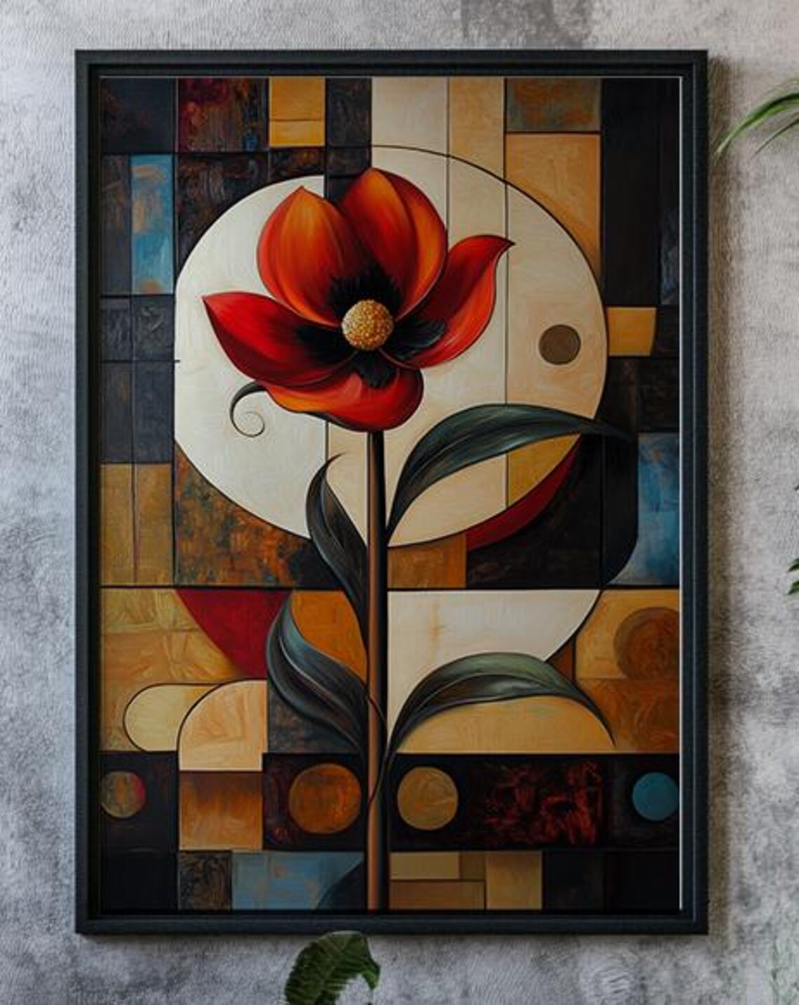 Red Flower Art Deco Geometric Tile Background Bold Botanical Poster