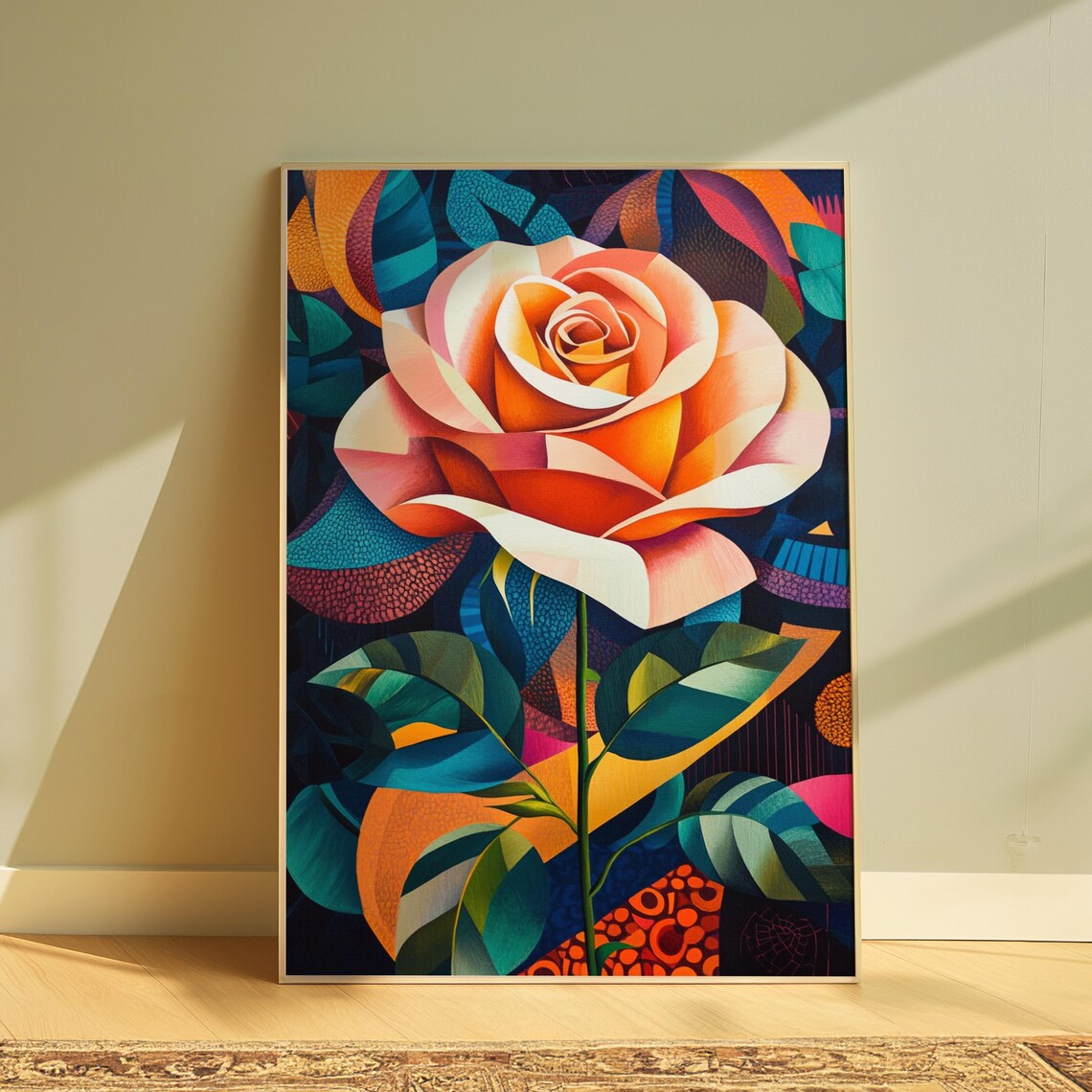 Peach Rose Faceted Petals Dark Abstract Background Floral Poster