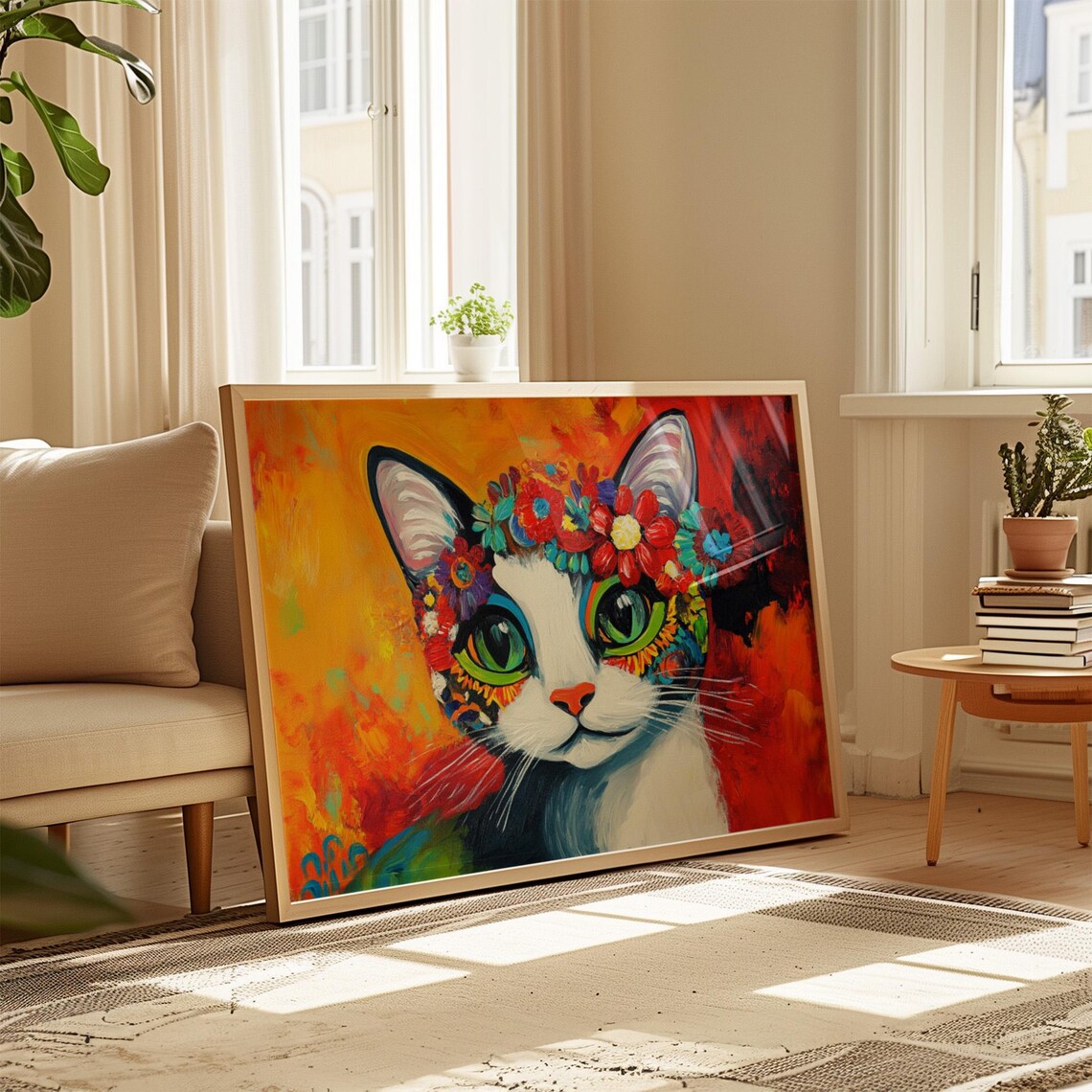 Tuxedo Cat Wearing Floral Crown Frida Style Green Eyes Red Art Poster - Image 4