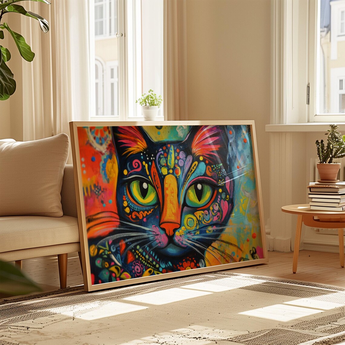 Psychedelic Cat Face Close Up Neon Swirls Big Green Eyes Trippy Poster - Image 4