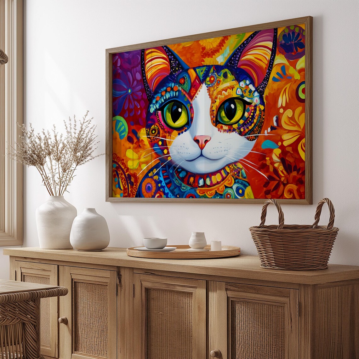Calico Cat White Face Big Green Eyes Ornate Floral Red Art Cat Poster