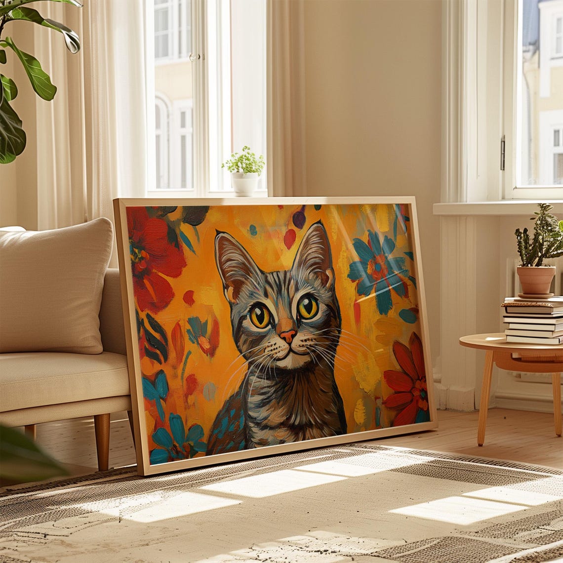 Tabby Cat Portrait Golden Yellow Background Red Blue Flowers Poster - Image 4